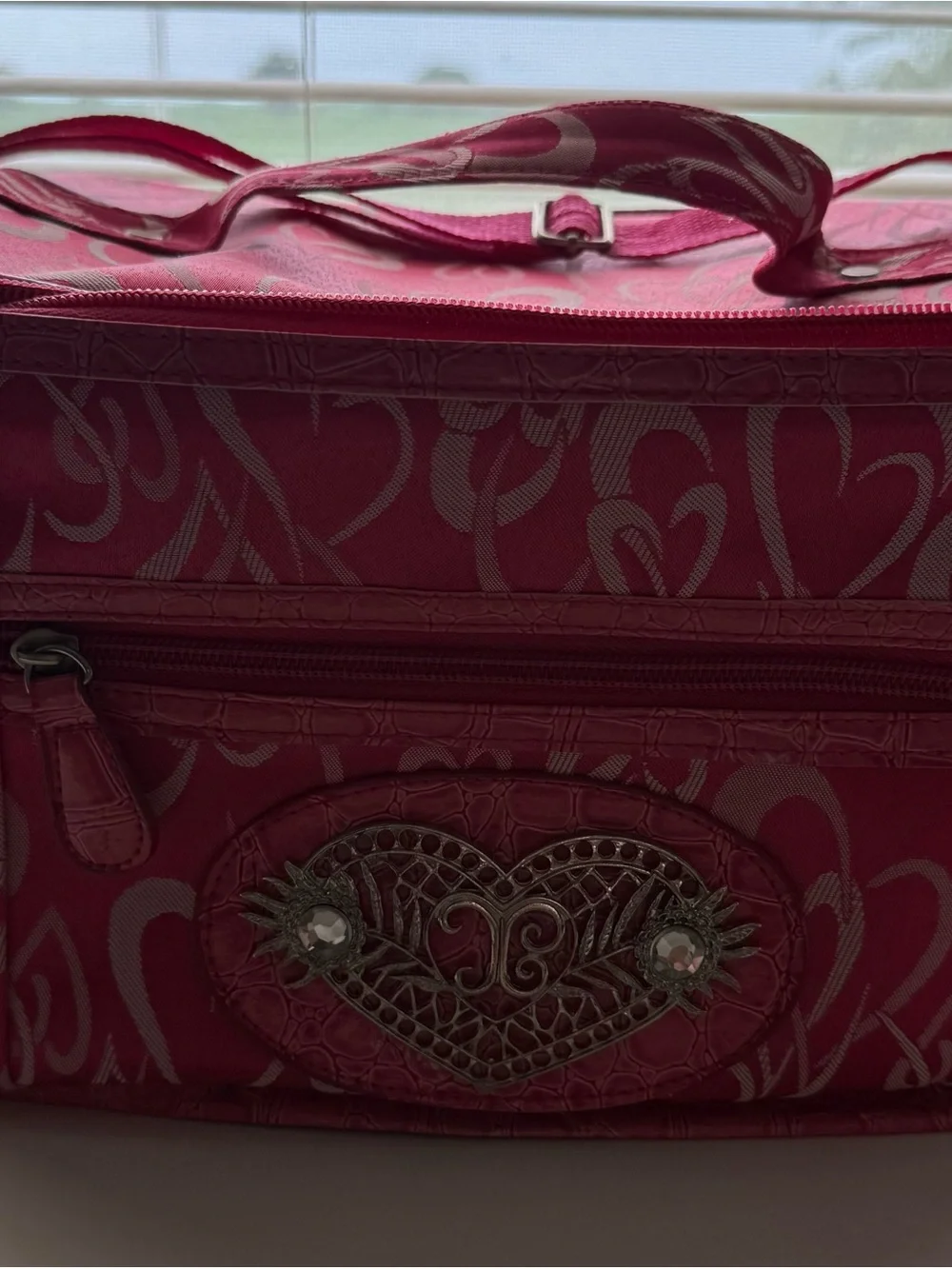 Pink Patterned Cosmetic Train Case with Matching Pouch - Pink